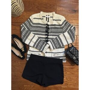 IRO Zlata Striped Cotton Blend Black and White Tweed Jackt Ivory Size 40